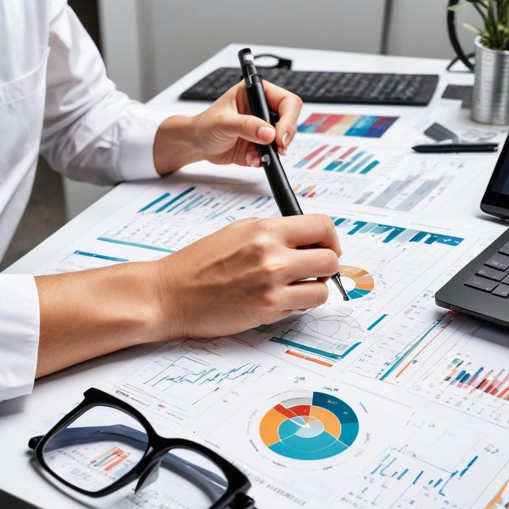 An intricate workspace featuring a diverse team of professionals meticulously analyzing products with magnifying glasses and digital tools, highlighting charts and data reports on a sleek table. Include elements of precision tools and quality badges in the background, exuding a sense of diligence and expertise. The atmosphere should feel focused and analytical, with a light, empowering color palette to evoke a sense of confidence. super-realistic. vibrant colors. white background.