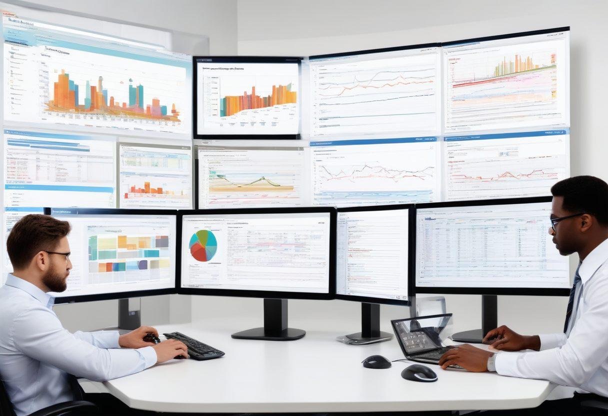 A visually engaging collage depicting a diverse team of quality assurance professionals collaboratively testing software applications on multiple screens. Include elements like code snippets, checklists, and performance graphs, symbolizing AMS testing and evaluation. The background should be vibrant and modern, suggesting a tech-savvy environment. super-realistic. vibrant colors. white background.