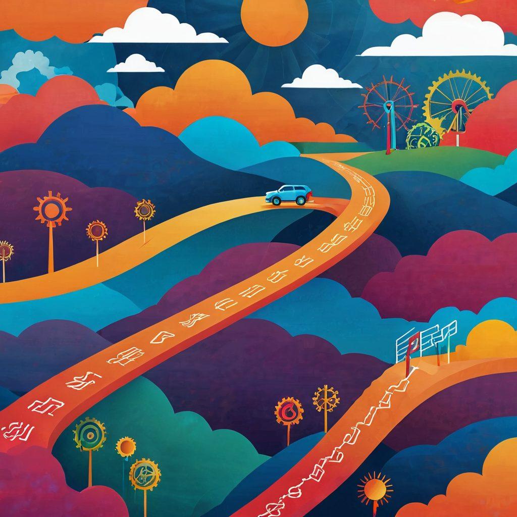 A stylized landscape illustrating the journey from complex protocols to high-performance metrics. Include a winding path leading through diverse environments representing different evaluation stages, such as gears symbolizing protocols and soaring graphs for performance. Bright, engaging colors should convey a sense of progress and innovation. The background can feature soft clouds symbolizing ideas and a sun shining on the 'performance peaks'. vector art. vibrant colors.